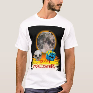 Volledige maan, schedel en blauwe pompoen bij nach t-shirt