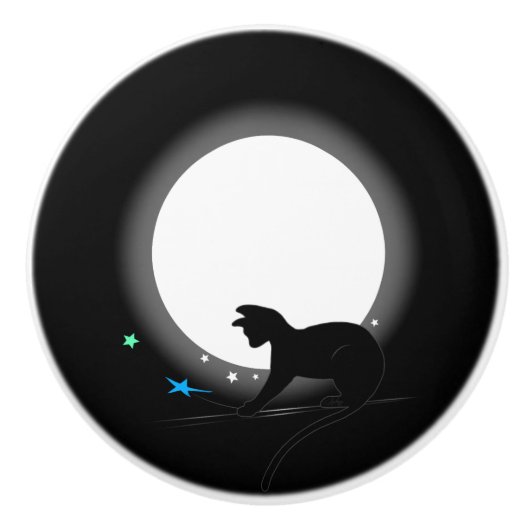 Volledige zwarte maan kat en sterren keramische knop (Voorkant)