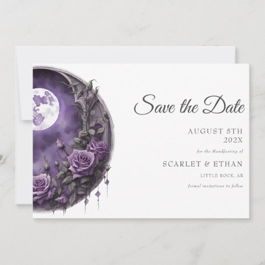 Vollemaans Tuindeur Paarse Roos Boho Handfasting Save The Date (Voorkant)