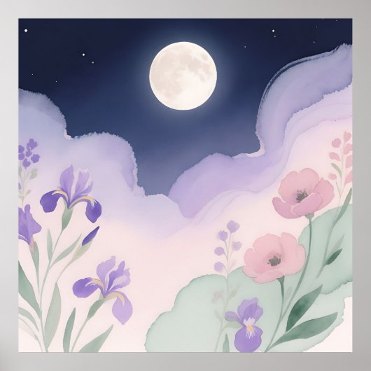 Vollemaanswaterverf Iris Bloemennacht Poster (Voorkant)