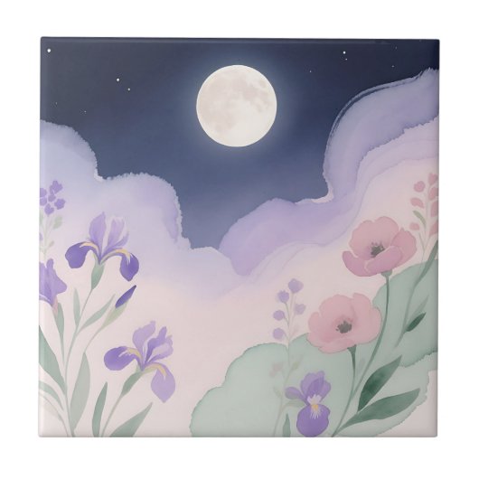 Vollemaanswaterverf Iris Bloemennacht Tegeltje (Voorkant)