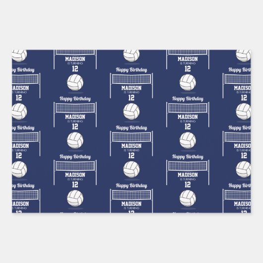 Volleybal Ball & Net Navy Blauw Verjaardag Naam Le Inpakpapier Vel (Voorkant 2)