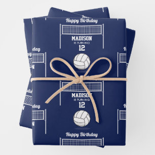 Volleybal Ball & Net Navy Blauw Verjaardag Naam Le Inpakpapier Vel