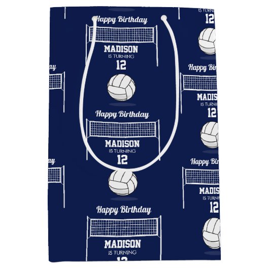 Volleybal Ball & Net Navy Blauw Verjaardag Naam Le Medium Cadeauzakje (Voorkant)