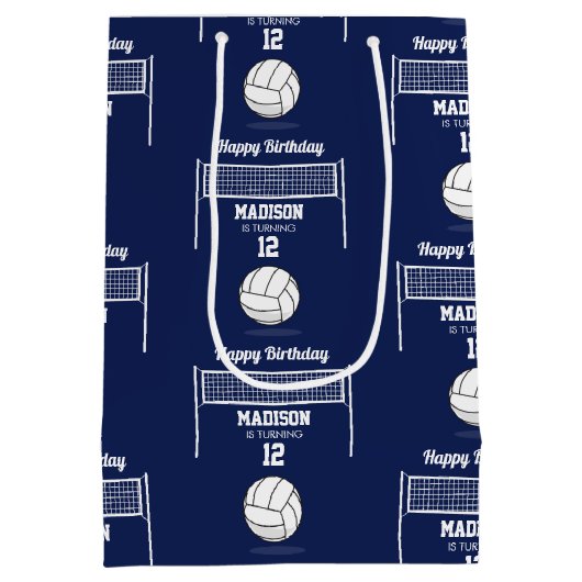 Volleybal Ball & Net Navy Blauw Verjaardag Naam Le Medium Cadeauzakje (Achterkant)