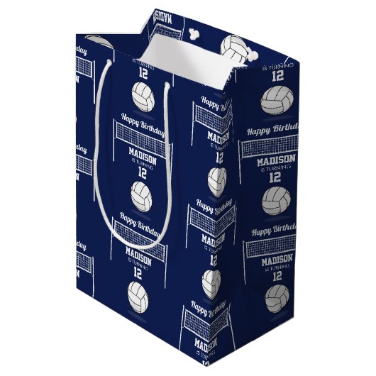Volleybal Ball & Net Navy Blauw Verjaardag Naam Le Medium Cadeauzakje (Achterkant Gekanteld)