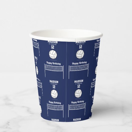 Volleybal Ball & Net Navy Blauw Verjaardag Naam Le Papieren Bekers (Rechts)