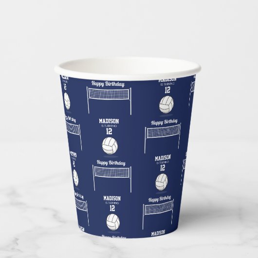 Volleybal Ball & Net Navy Blauw Verjaardag Naam Le Papieren Bekers (Voorkant)