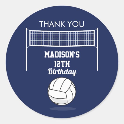 Volleybal Ball & Net Navy Blauw Verjaardag Naam Le Ronde Sticker (Voorkant)