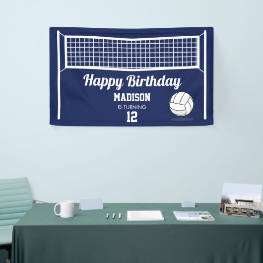 Volleybal Ball & Net Navy Blauw Verjaardag Naam Le Spandoek (Beurs)