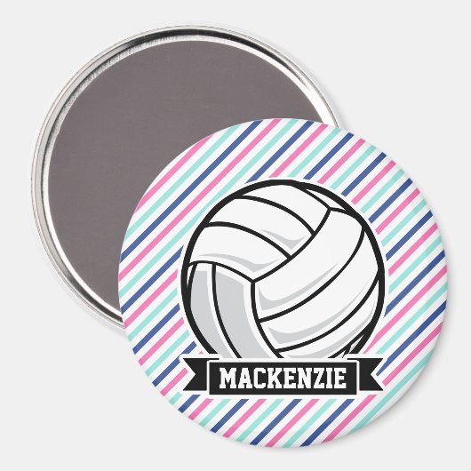 Volleybal; Blauw, Roze, & Witte Strepen, Sport Magneet (Voorkant / Achterkant)