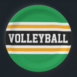VOLLEYBAL Fun Helder Groen Zwart Geel Strepen Papieren Bordje<br><div class="desc">Dit sportieve ontwerp is voorzien van gewaagde volleybal tekst in een brede zwarte horizontale midden race streep gemarkeerd met zwevende witte en goudgele strepen tegen felgroene buitenste strepen. De tekst kan gepersonaliseerd worden.</div>