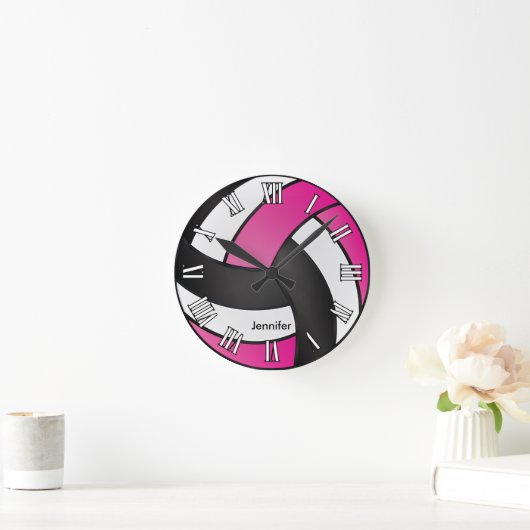Volleybal | Hot Roze, Zwarte en Witte Stijl Ronde Klok (Huis)