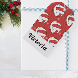 Volleybal kerststreep feestbal en sneeuw cadeaulabel
