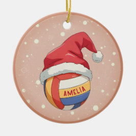 Volleybal met Rode Kerstmanhoed Naam Kerstmis Keramisch Ornament