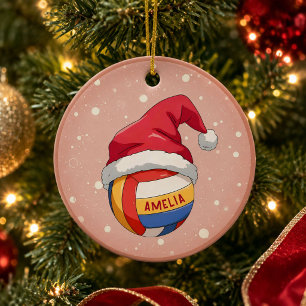 Volleybal met Rode Kerstmanhoed Naam Kerstmis Keramisch Ornament