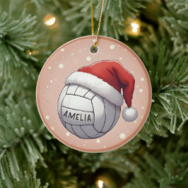 Volleybal met rode kerstmanhoed naam Kerstmis Keramisch Ornament