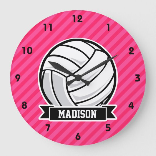 Volleybal op Neon Pink Stripes Grote Klok (Voorkant)