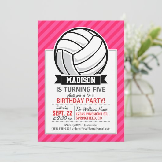 Volleybal op Neon Pink Stripes Kaart (Staand voorkant)