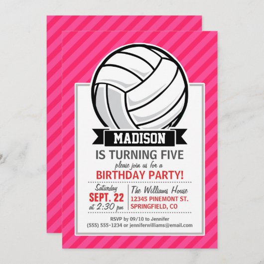 Volleybal op Neon Pink Stripes Kaart (Voorkant / Achterkant)