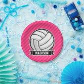 Volleybal op Neon Pink Stripes Papieren Bordje (Feest)