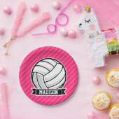 Volleybal op Neon Pink Stripes Papieren Bordje (Feest)