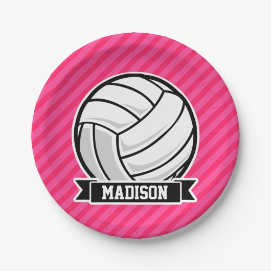 Volleybal op Neon Pink Stripes Papieren Bordje (Voorkant)