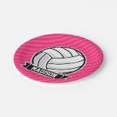 Volleybal op Neon Pink Stripes Papieren Bordje (Gekanteld)