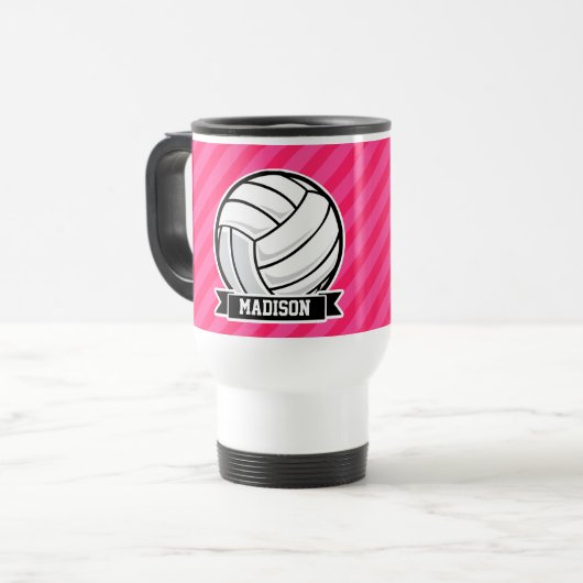Volleybal op Neon Pink Stripes Reisbeker (Voorkant links)