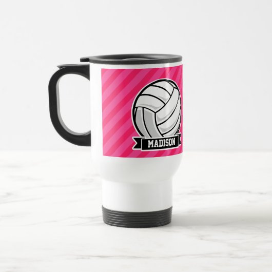 Volleybal op Neon Pink Stripes Reisbeker (Links)