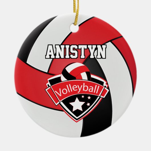 Volleybal personaliseren in rood, wit en zwart keramisch ornament (Voorkant)