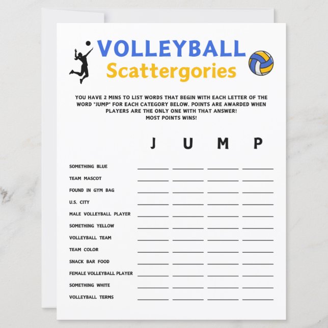 Volleybal Scattergories spel (Voorkant)