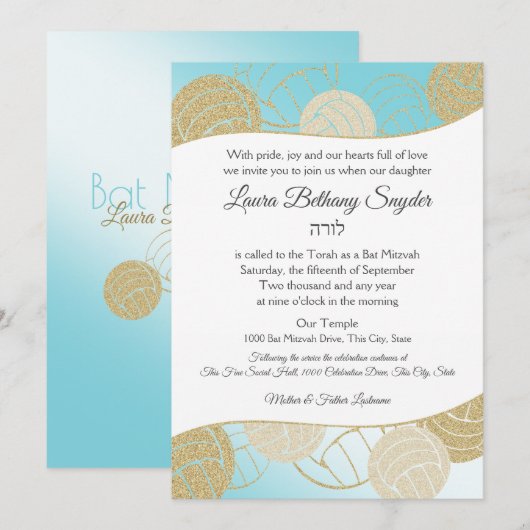 Volleybal Sport Bat Mitswa blauw en goud Kaart (Voorkant / Achterkant)