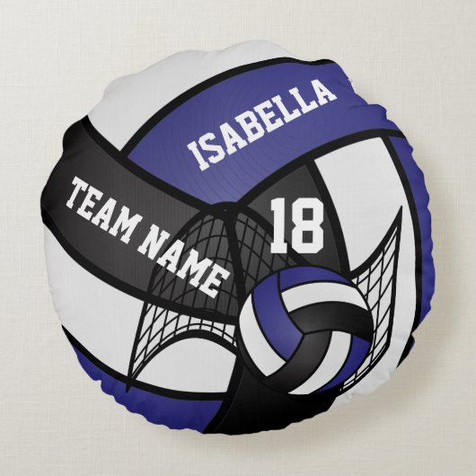 Volleybal 🏐 Sport - Donkerblauw, wit en zwart Rond Kussen (Achterkant)