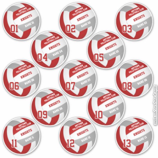Volleybal teamleden set van 13 Red Grey Sticker (Voorkant)