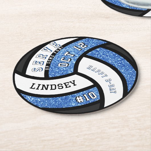 Volleybal Verjaardagsfeest Blauwe Glitter Ronde Kartonnen Onderzetter (Gebogen)