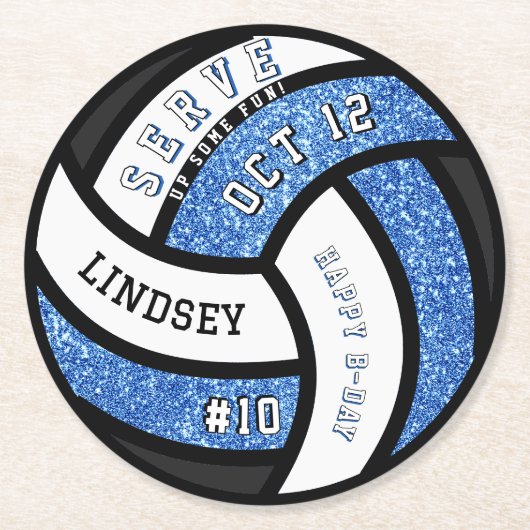 Volleybal Verjaardagsfeest Blauwe Glitter Ronde Kartonnen Onderzetter (Voorkant)