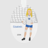 Volleybal Vrouw Blonde in blauw en wit Ornament (voorkant)