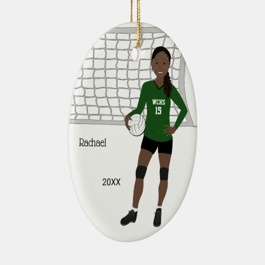 Volleybal Vrouw Zwart Haar Groen & Zwart Keramisch Ornament (Rechts)