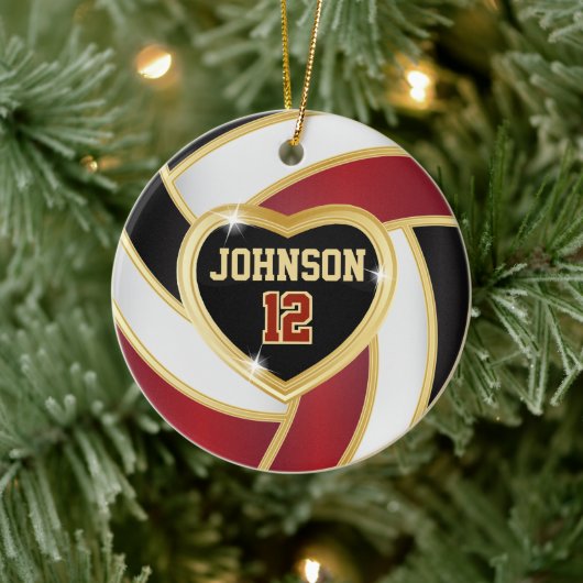 Volleybal 🏐 zwart, wit en maroon Red Keramisch Ornament (Boom)