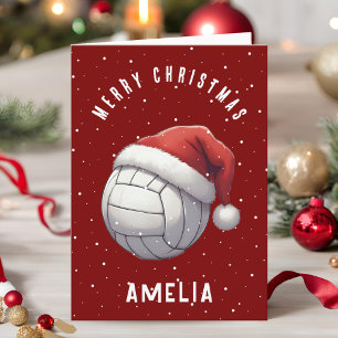 Volleybalbal met rode kerstmuts Naam Kerstmis Feestdagen Kaart