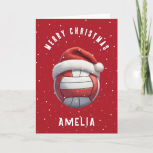Volleybalbal met rode kerstmuts Naam Kerstmis Feestdagen Kaart
