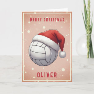 Volleybalbal met rode kerstmuts Naam Kerstmis Feestdagen Kaart