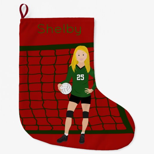Volleybalblonmeisje in groen grote kerstsok (Voorkant)