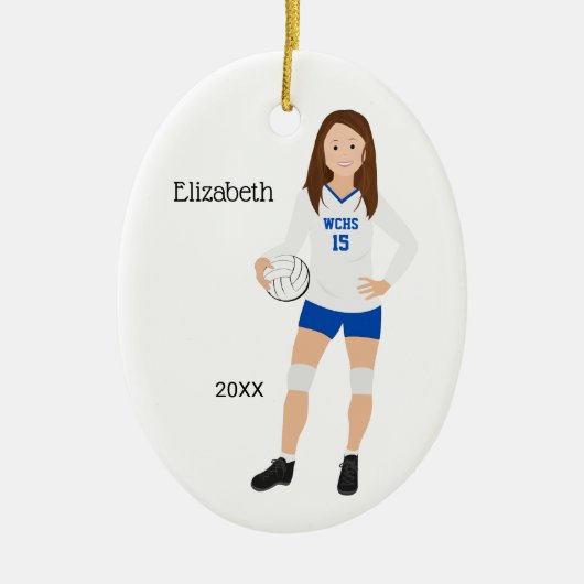 Volleyball Girl Brunette Blue & White Keramisch Ornament (Voorkant)