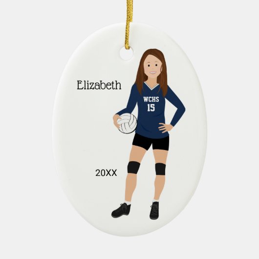 Volleyball Girl Brunette Dark Blue & Black Keramisch Ornament (Voorkant)