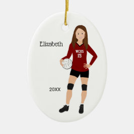 Volleyball Girl Brunette Red en Black Ceramic Orna Keramisch Ornament