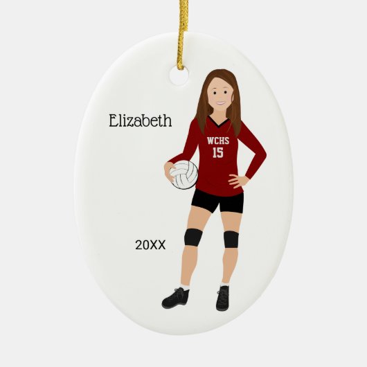 Volleyball Girl Brunette Red en Black Ceramic Orna Keramisch Ornament (Voorkant)