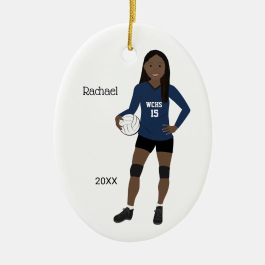Volleyball Girl Long Black Hair Dark Blue & Black Keramisch Ornament (Voorkant)