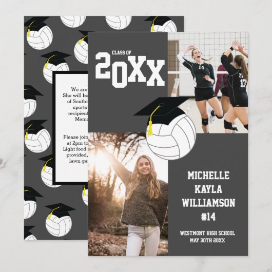 Volleyball Graduation Sports Grey Announcement Kaart (Voorkant / Achterkant)